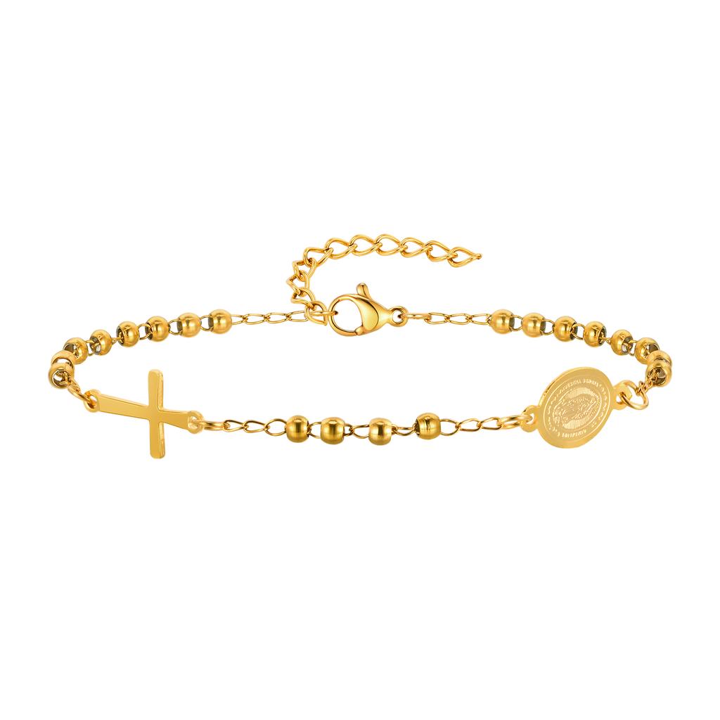 Holy Stainless Steel Cross Benedict Virgin Bracelet,Women's Gold Plated Beaded Chain Bracelets,Trendy Jewelry Gifts