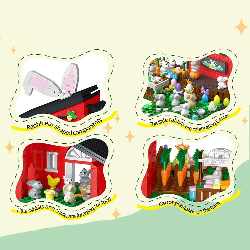 445PCS Easter Farm Party Building Blocks 3IN1 Bunny House Model Bricks Set With Light Kids Educational DIY Toys Holiday Gift