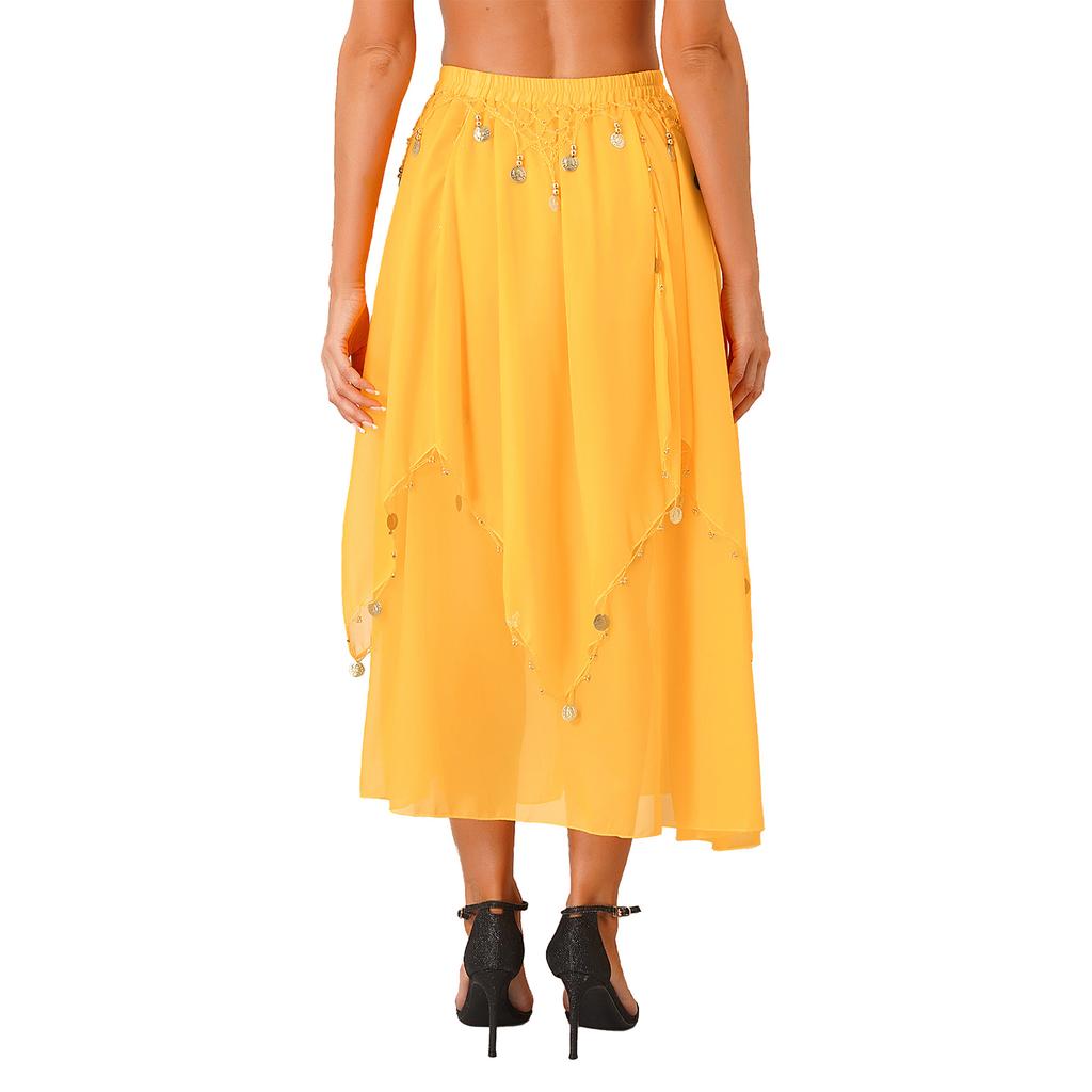 Ladies Sequin Beaded Belly Dance Skirt Chiffon Fabric Elastic Waistband Performance Costume Practice Dancewear