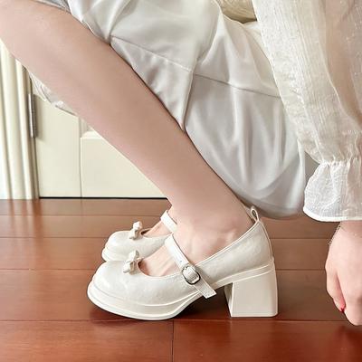 White Mary Jane Shoes Waterproof Table High Heels Thick Heel Light Mouth Bow One-word Buckle Single Shoes Women