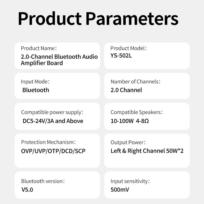 YS-502L 2.0 Channel Bluetooth 5.0 Audio Amplifier Board, 100W Stereo Power Amp Module With AUX And Volume Control For Speakers