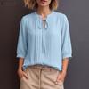 Women Casual Round Neck Solid Color Loose 3/4 Sleeve Blouse