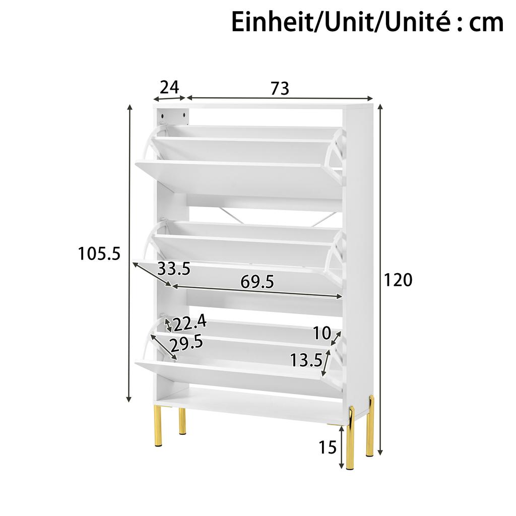 Modern Minimalist Shoe Cabinet, Three Doors, Large Capacity, Golden Cabinet Feet, Stylish and Practical, Suitable for the Entrance Area or Foyer.