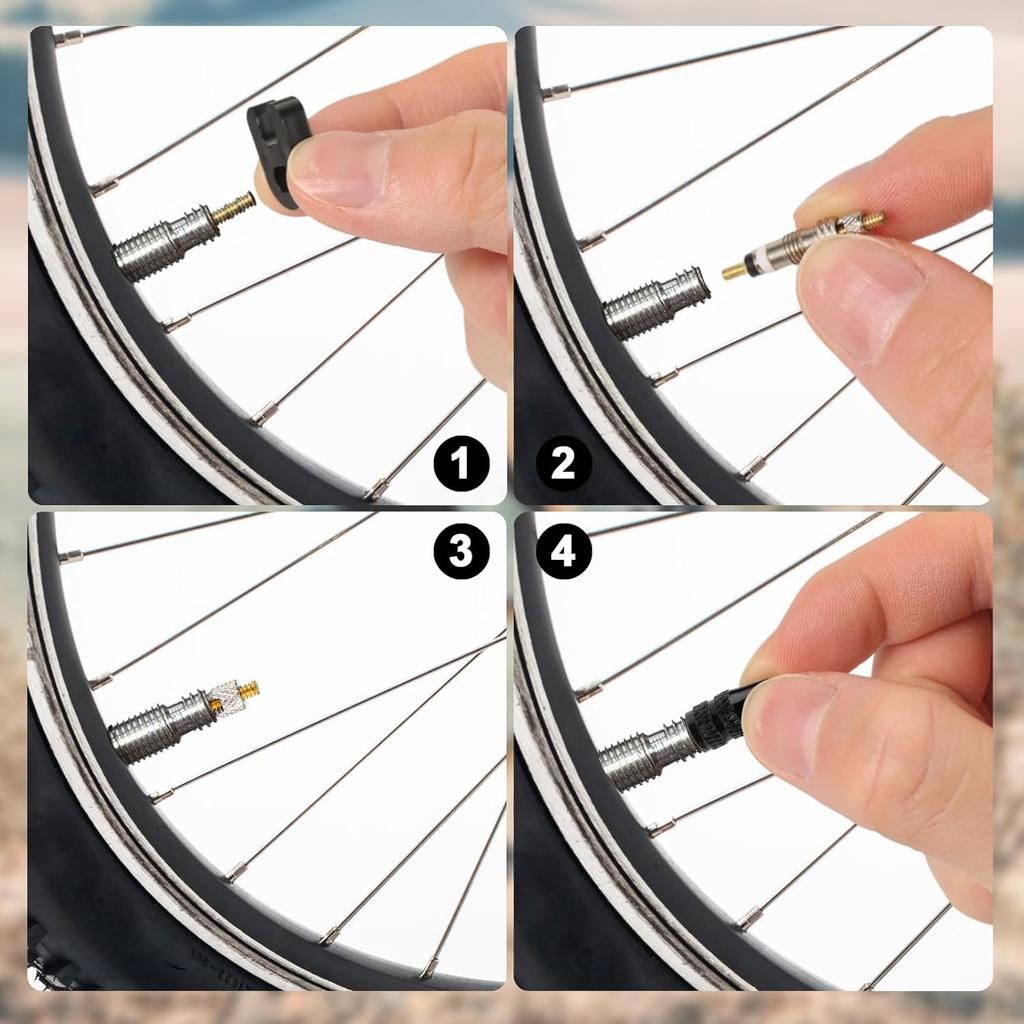 Valve Core Repair Kit for Presta, 4 Valve Cores 4 Valve Core Caps 4 Nuts 2 Plastic Caps 2 Converters and 2 Plastic & Alloy Valve Stem Dismantle