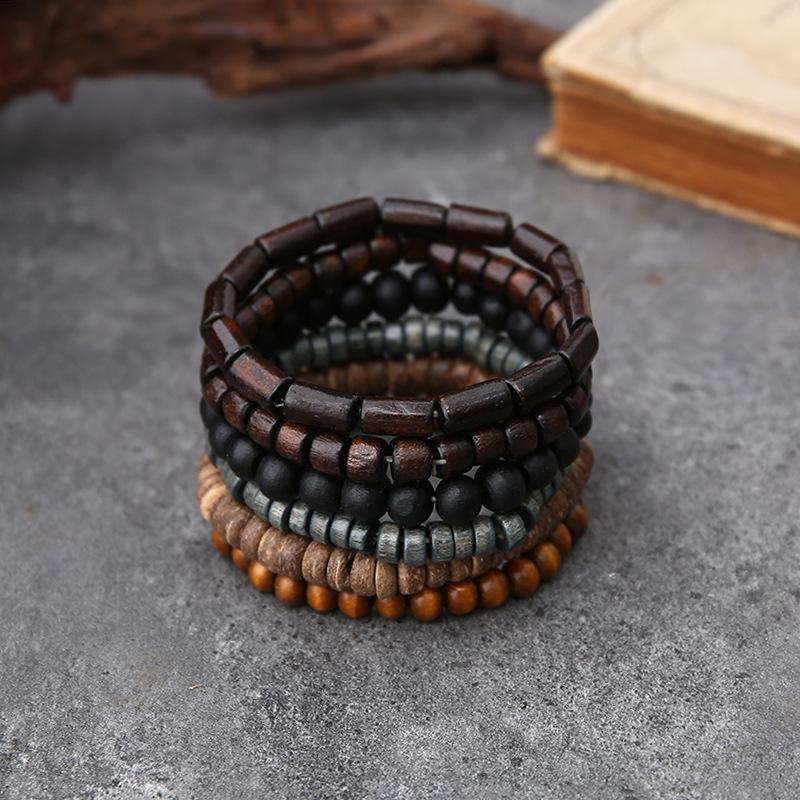 Handmade Beaded Bracelet Men Vintage Multi-Layer Elastic Cord Coconut Wood Beads Adjustable Buddhist Prayer Mala Jewelry Gift