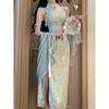 National Style Green Improved Cheongsam New Pure Desire New Chinese Neck Casual Women's Dress Women's Style Long Dress