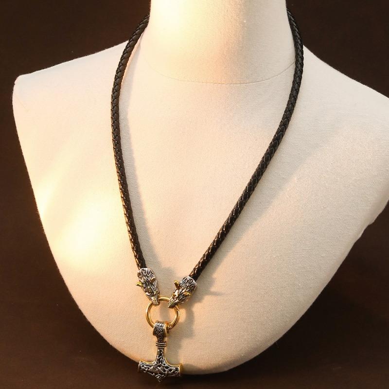 Thunder God Hammer Celtic Wolf Head Pendant Necklace Men's Woven Leather Necklace
