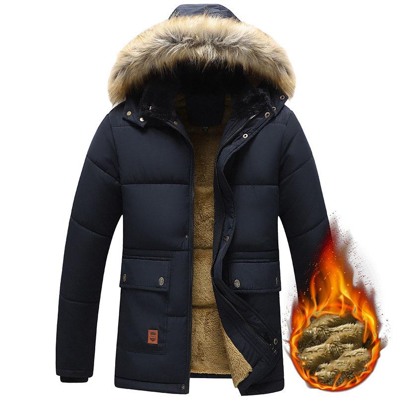 Herren Winter Herbst Work Outwear Parka Schwarz Fleecegefüttert Dick Warm Kapuze Pelzkragen Mantel Größe Plüschjacke