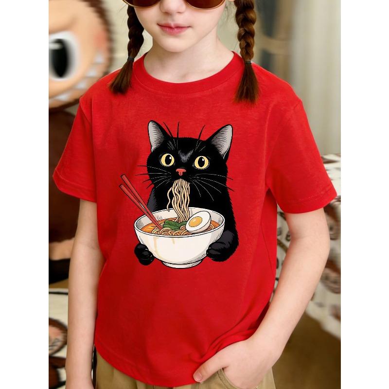 European sizes Trendy Print Girls' Short Sleeve T-Shirt with Cartoon Black Cat Eating Ramen Print, Cute Style, Casual Daily Wear