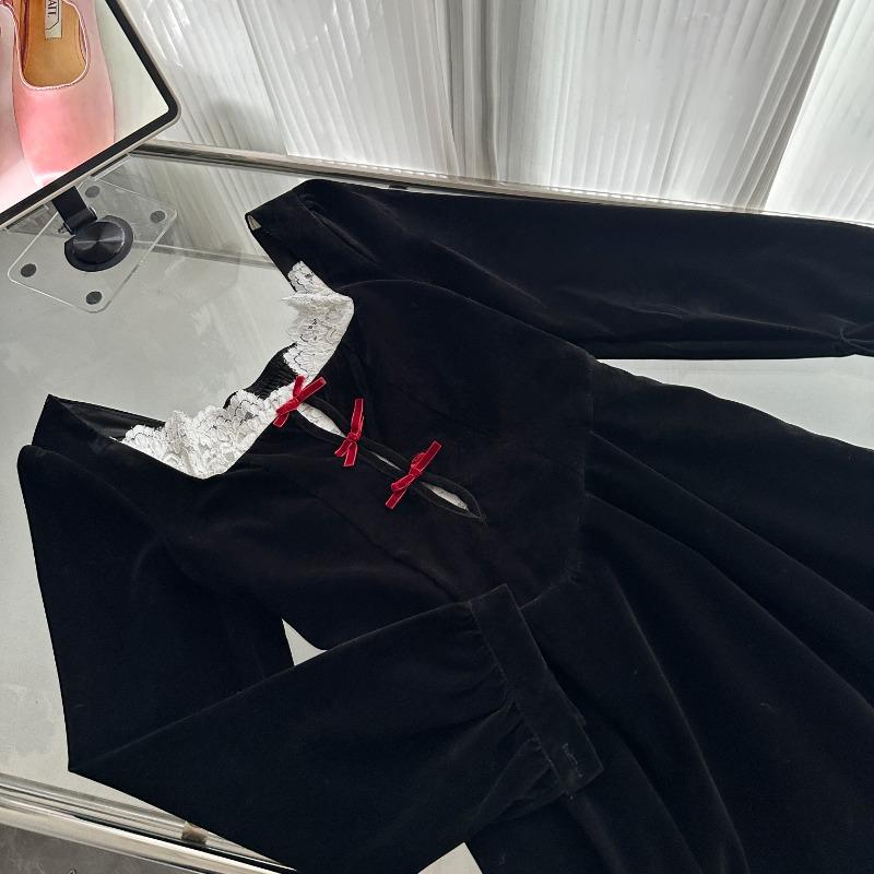 Spring and Autumn New Women's Long Sleeve Square Collar Vintage Bow Lace Black and White Stitching Dress
