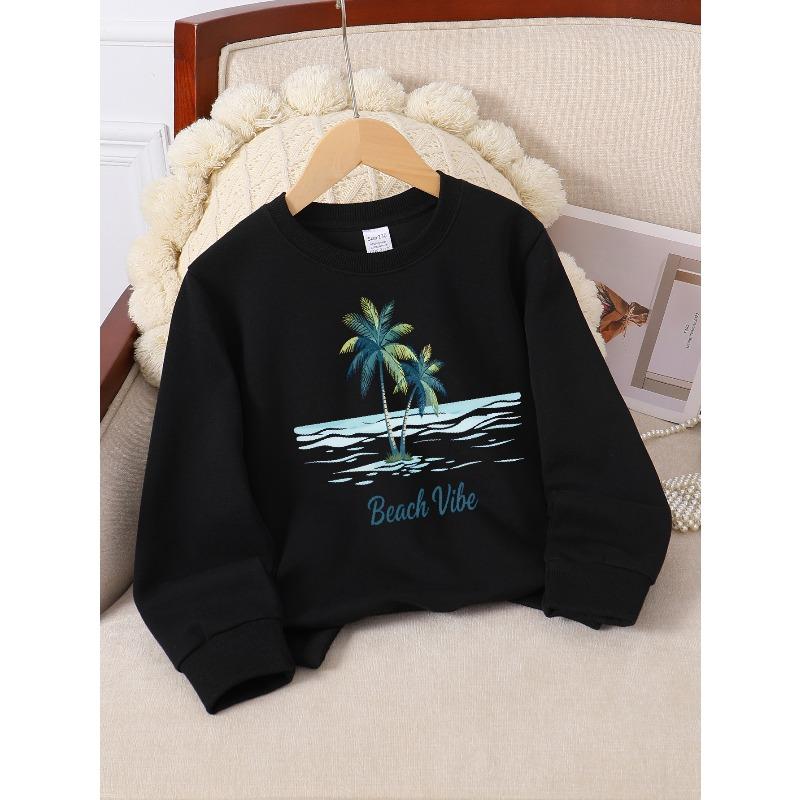 Kids Long‑Sleeve Crewneck Sweatshirt, Beach Vibe Palm Trees Ocean Print,Daily Casual Top for Spring & Autumn