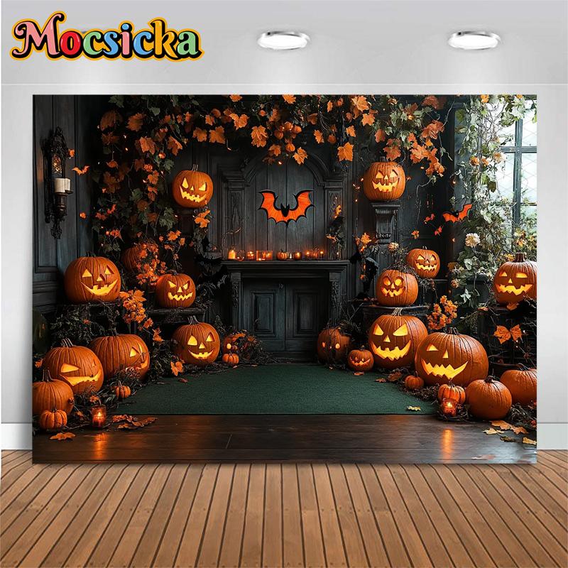 Mocsicka Halloween Backgrounds For Photography Terrible Pumpkin Party Backdrop Bat Flower Jack-O-Lantern Home Decorations Banner