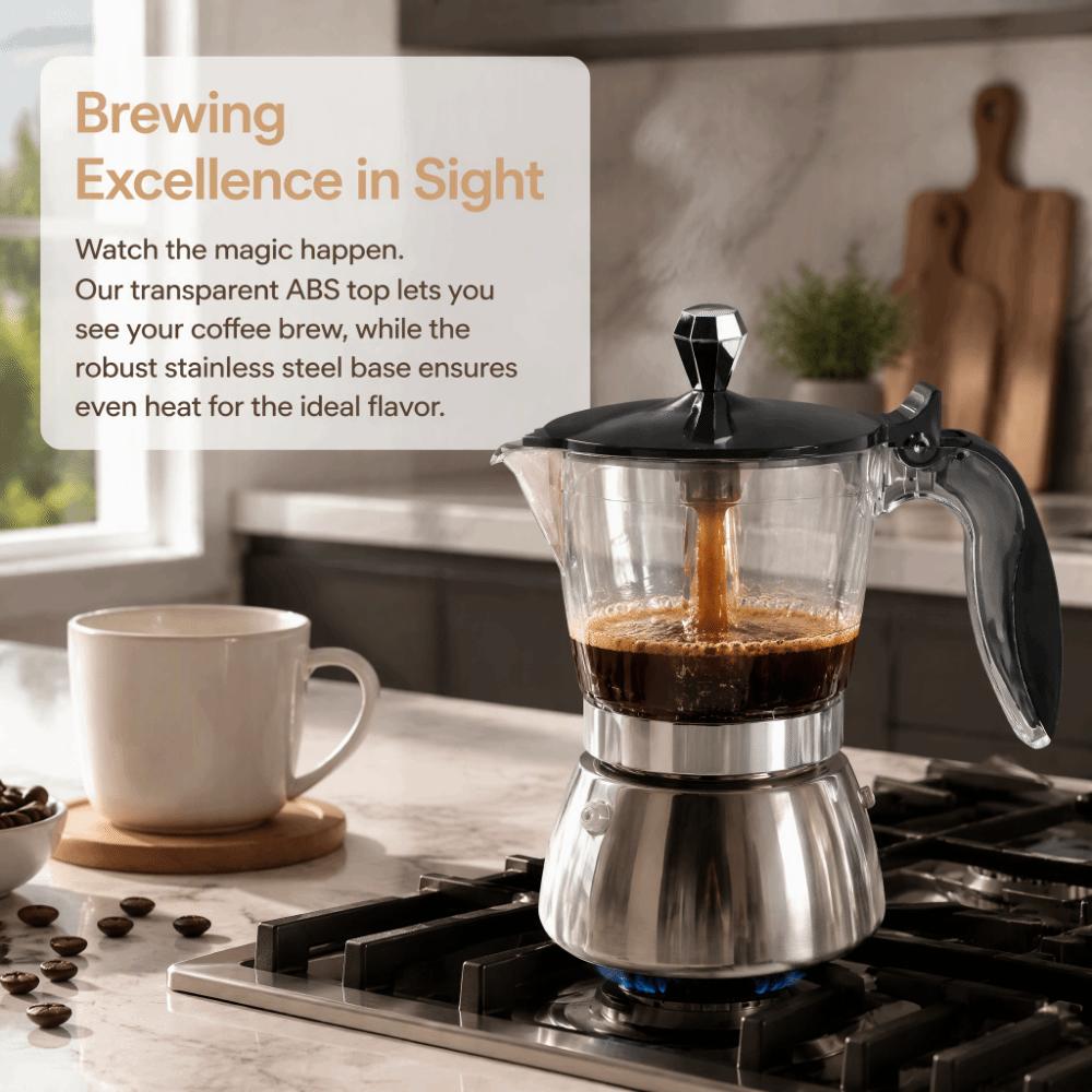 Cafetera Moka de Cristal con Tapa Acero Inoxidable Cuerpo 6 Tazas Cafetera Moka Uso Doméstico