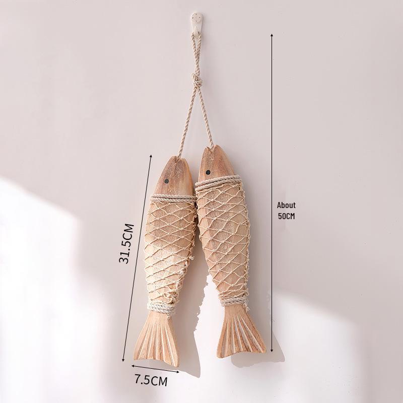 Mediterranean Hand-Carved Wooden Fish with Net Wall Hanging Ornament