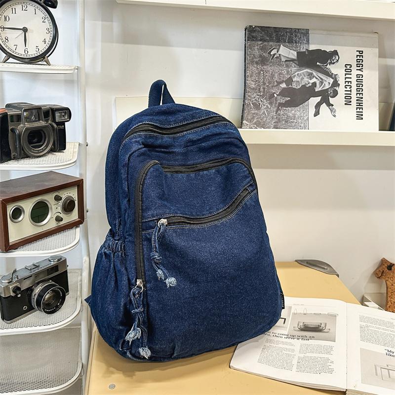 Denim Backpack Student Schoolbag Solid Color Backpack