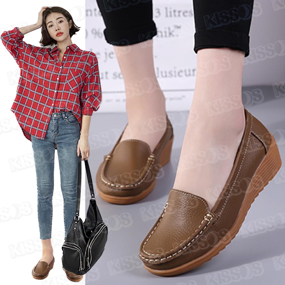 KISSOS Women's Loafers, Driving Shoes, Slip-On Flats, Casual Shoes (Khaki, Size 24.5cm (39))