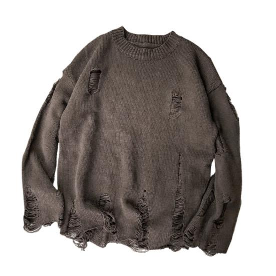 Men Sweater Solid Color Ripped O Neck Oversized Couple Sweater for Daily Wear