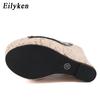 Rivet Peep Toe Platform Wedge Slippers Black Summer Shoes Woman Sexy Super High Heels Mules Sandal Size 35-42