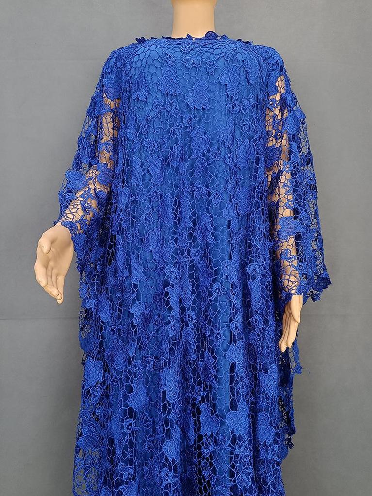 Plus Size African Women's Loose Long Robe Dress with Water Soluble Lace & Short Sleeves