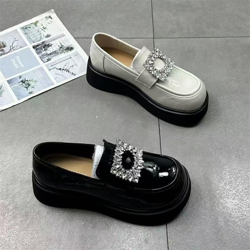 2025 new platform loafers women's black small leather shoes high-end rhinestone thick heel spring and autumn British Mary Jane shoes