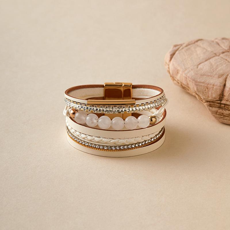 Bohemian Retro Multilayer Women Glass Drill Leather Magnetic Buckle Bracelet