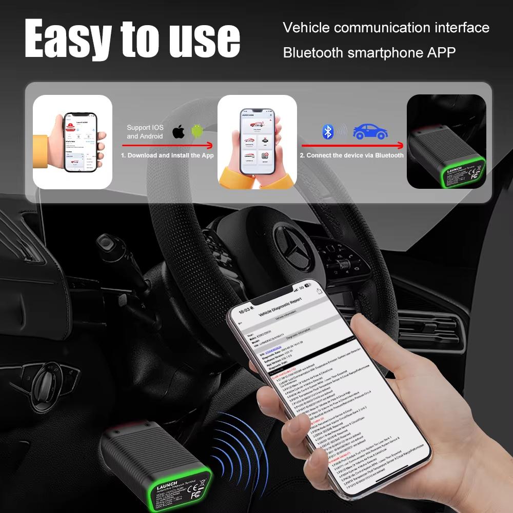LAUNCH AIOBD Bluetooth OBD2 skaitytuvas, visų sistemų diagnostika, dirbtinis intelektas paprastai paaiškina gedimus, veikia su IOS ir Android