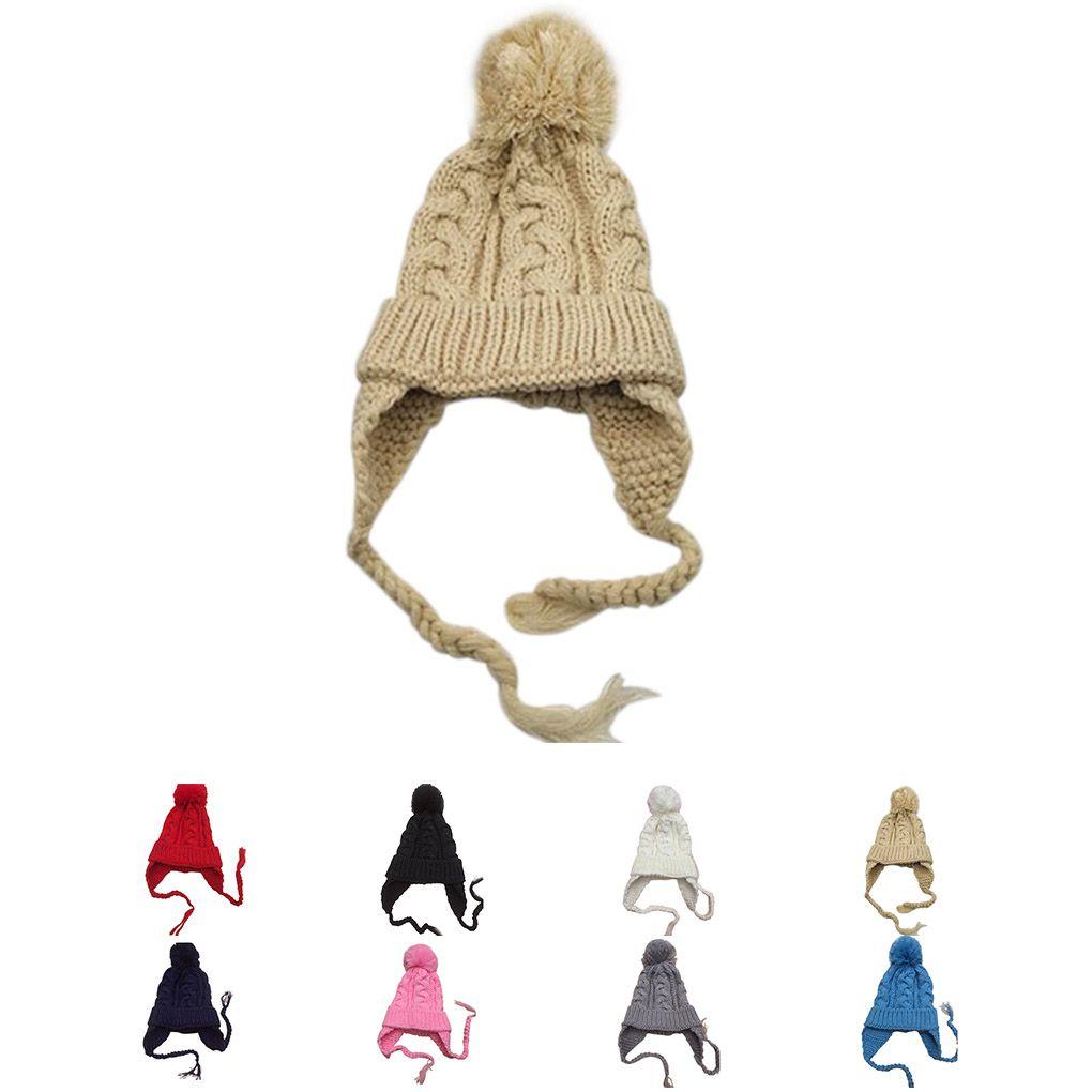 Kids Children Knit Hat Solid Color Ear Flaps Cap Boy Girl Warm Beanie Bonnet
