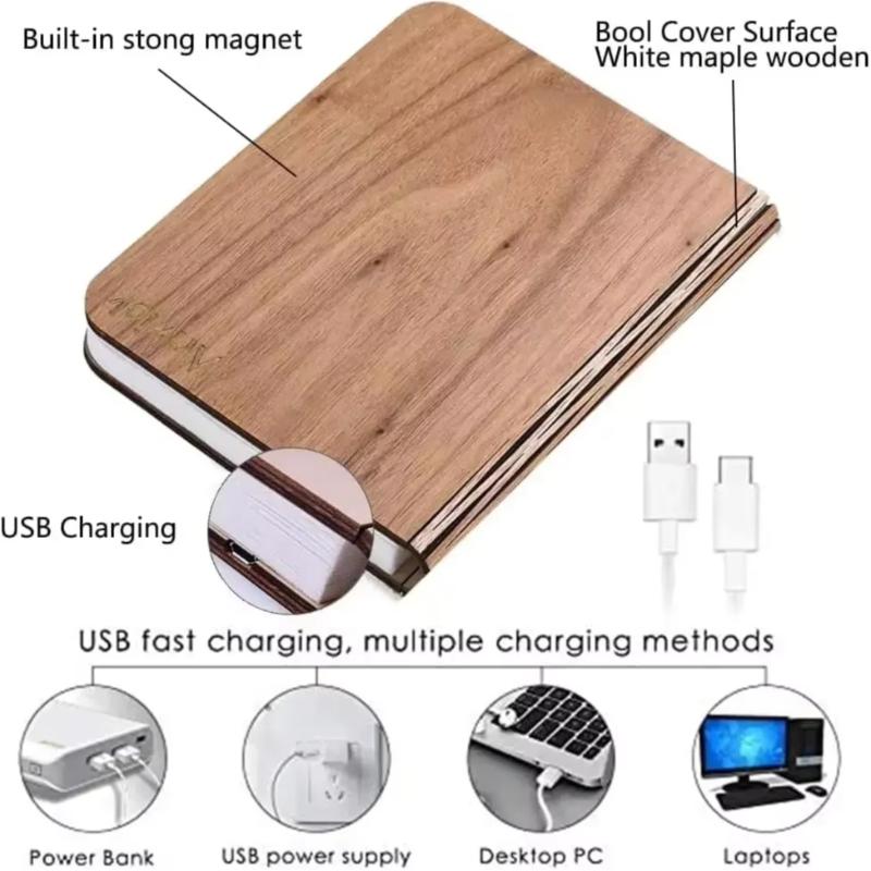 Rechargeable LED Book Lamp,Wooden Night Light,Portable Desktop Light,Foldable Reading Lamp,Home Library Bedside Ambient Lighting
