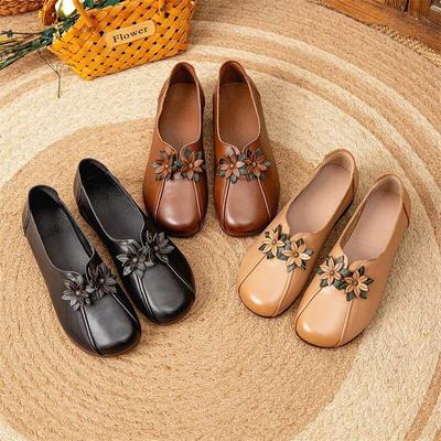 Flache Schuhe aus echtem Leder mit Blumenmuster im ethnischen Stil, bequeme, weiche Sohle, runde Zehenpartie, vielseitige Damenschuhe