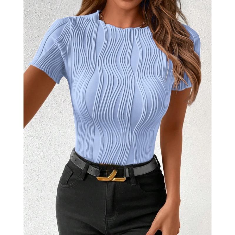 Summer Round Neck Slim Fit Short Sleeved T-shirt Elegant Simple Top Fashion Street Wear Casual Solid Color Blouse Pleated Office Shirts Tees