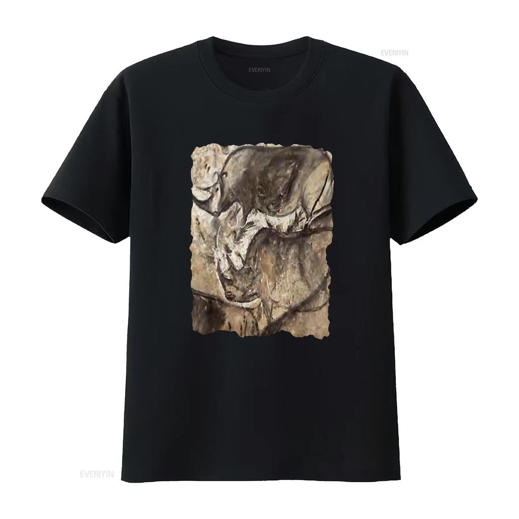 Cave Painting T Shirt Prehistoric Art Rhinos In Chauvet Vintage Washed Designer Clothes Homme Comfortable Streetwear Fashion