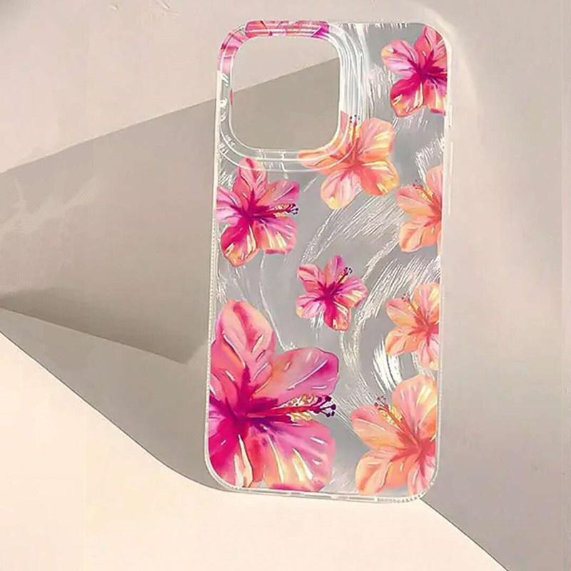 Pink Hibiscus Floral Feather Art Phone Case for iPhone 17 16 15 14 13 12 11 Series Pro Max Plus Double Layer Protection
