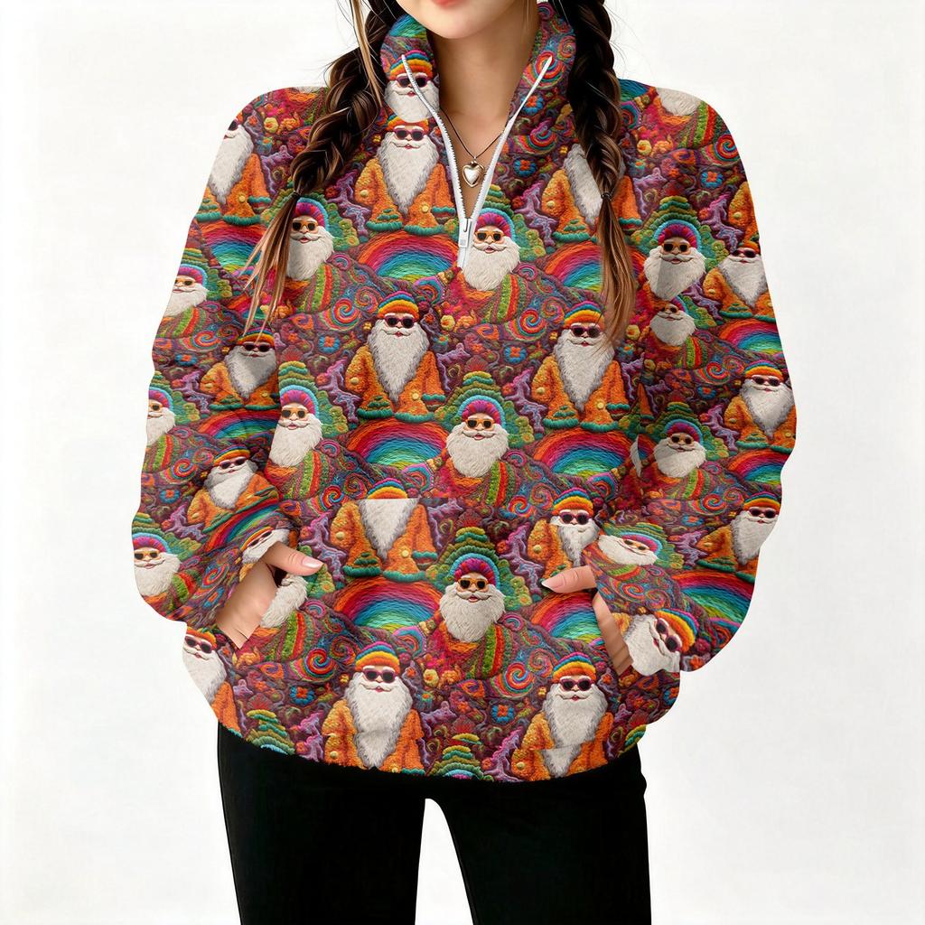 Women's Christmas Print Half Zip Pullover Long Sleeve Casual Top for Holiday Winter