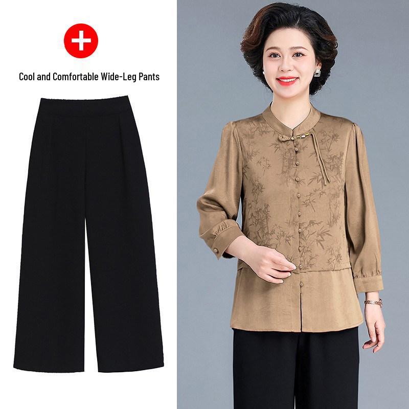 Autumn Mother's Day Chinese Style Two-Piece Shirt Set for Elegant Middle-Aged Women