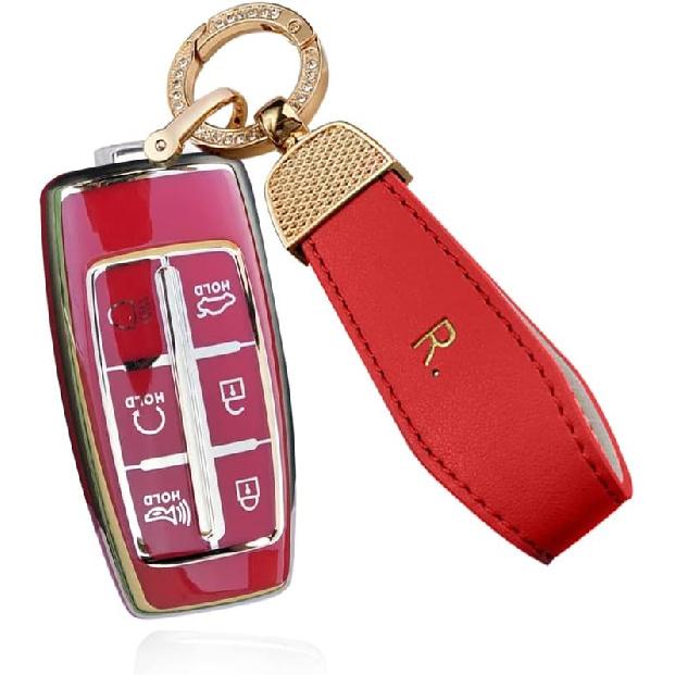SANRILY Goldrand 6-Tasten Schlüsselanhänger Hülle für Genesis GV70 2021 2022 G90 G70 G80 GV80 Keyless Vollschutz Schlüsselanhänger Hülle mit Leder Schlüsselanhänger