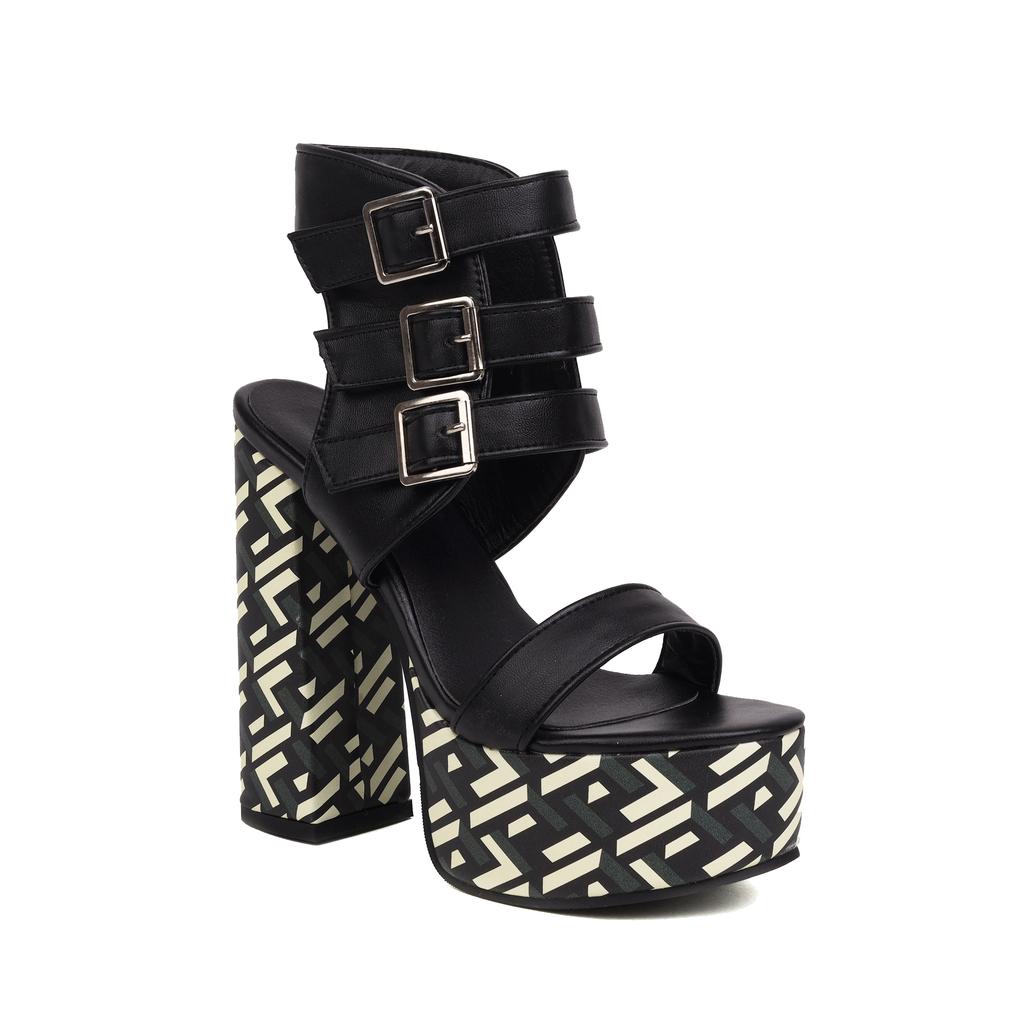 2025 Heel Printing Stage Shoes Ultra High Thick Heel Platform Three Row Belt Buckle Peep Toe Shoes Fashion Party Women's Sandals