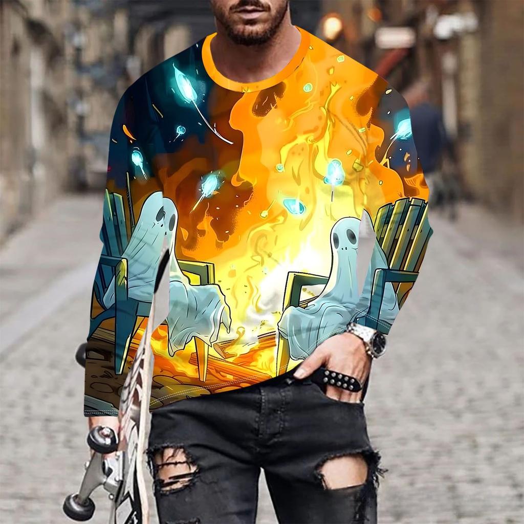 Ghost New Printed Men's Long Sleeved Round Neck T-shirt Autumn Winter Loose Comfortable Fashionable T-shirt
