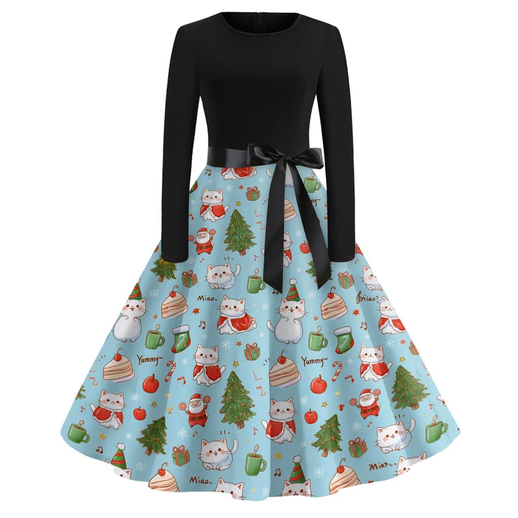 Women's Vintage Christmas Print Long Sleeve Round Neck Party Dress for Holiday Parties