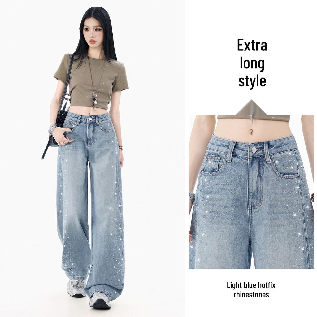 2026 Women's Rhinestone Wide-Leg Jeans: Loose, Slimming, High-End Floor-Length with Concealing Design for Spring/Autumn