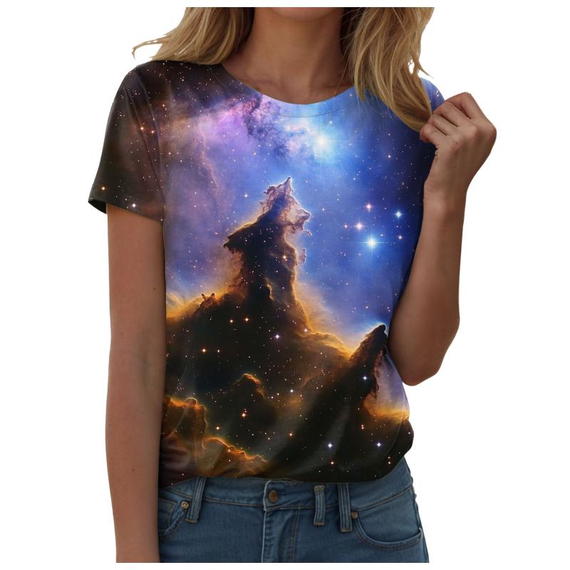 Topp Blus Kvinna Trend 2025 Kvinnor 3d Galaxy Tryck T-shirts Glitter Skjortor Blus Trendig Stjärnklar Himmel Sommar Ropa Para Mujer