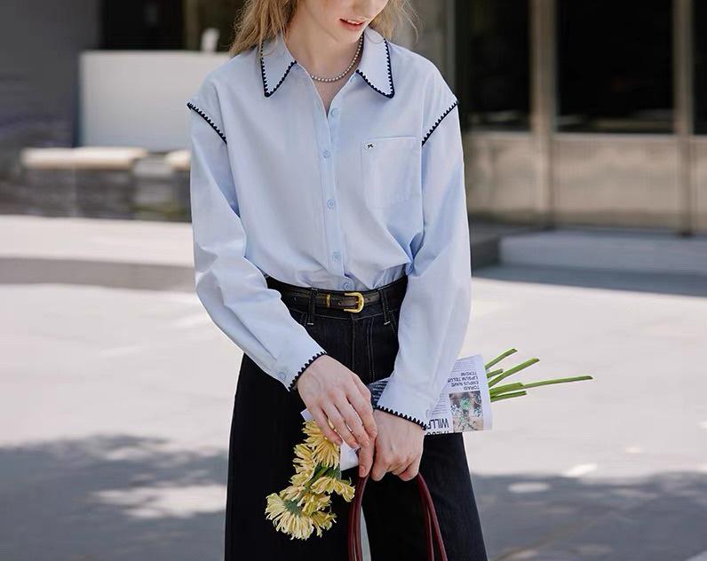 

Women s Light Blue French-Style Long Sleeve Shirt with White Patchwork – Spring 2026 Collection XL светло-синий