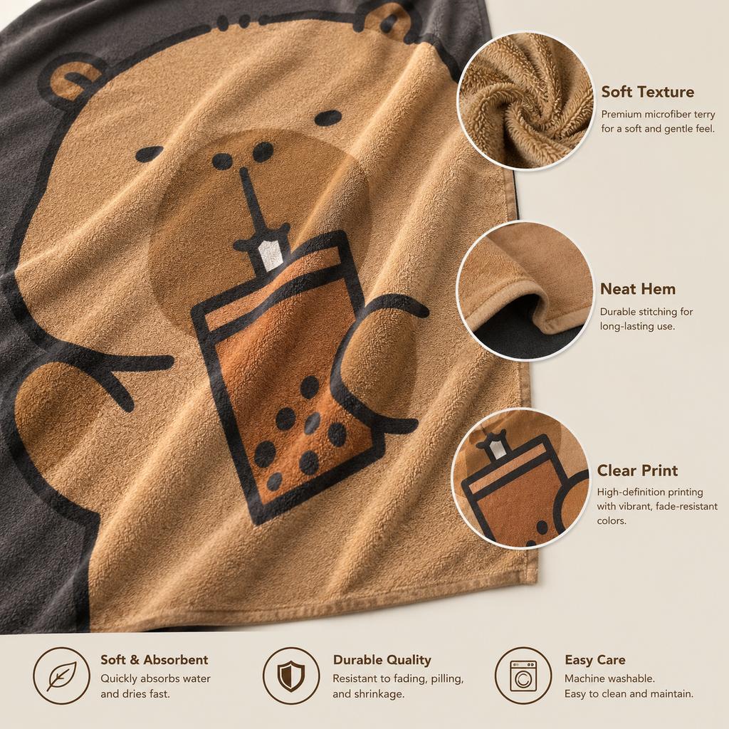 Y2K Cute Capybara Drinking Boba Beach Towel flat print Brown Animal Pattern Bath Towel for Pool Travel Picnic Outdoor Decor