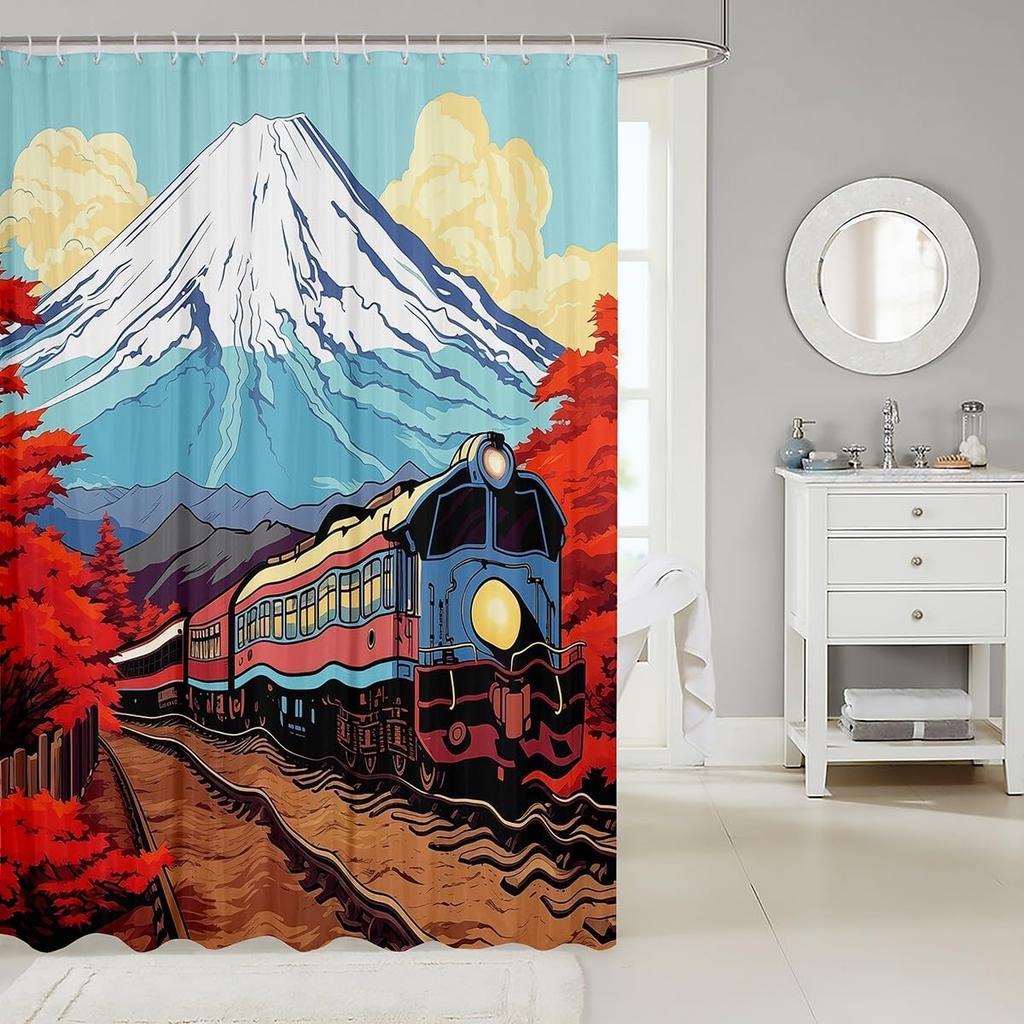 Japanese Style Shower Curtain,Red Cherry Blossom Bathroom Curtain,Mount Fuji Train Print Waterproof Curtain Kids Girls Teens