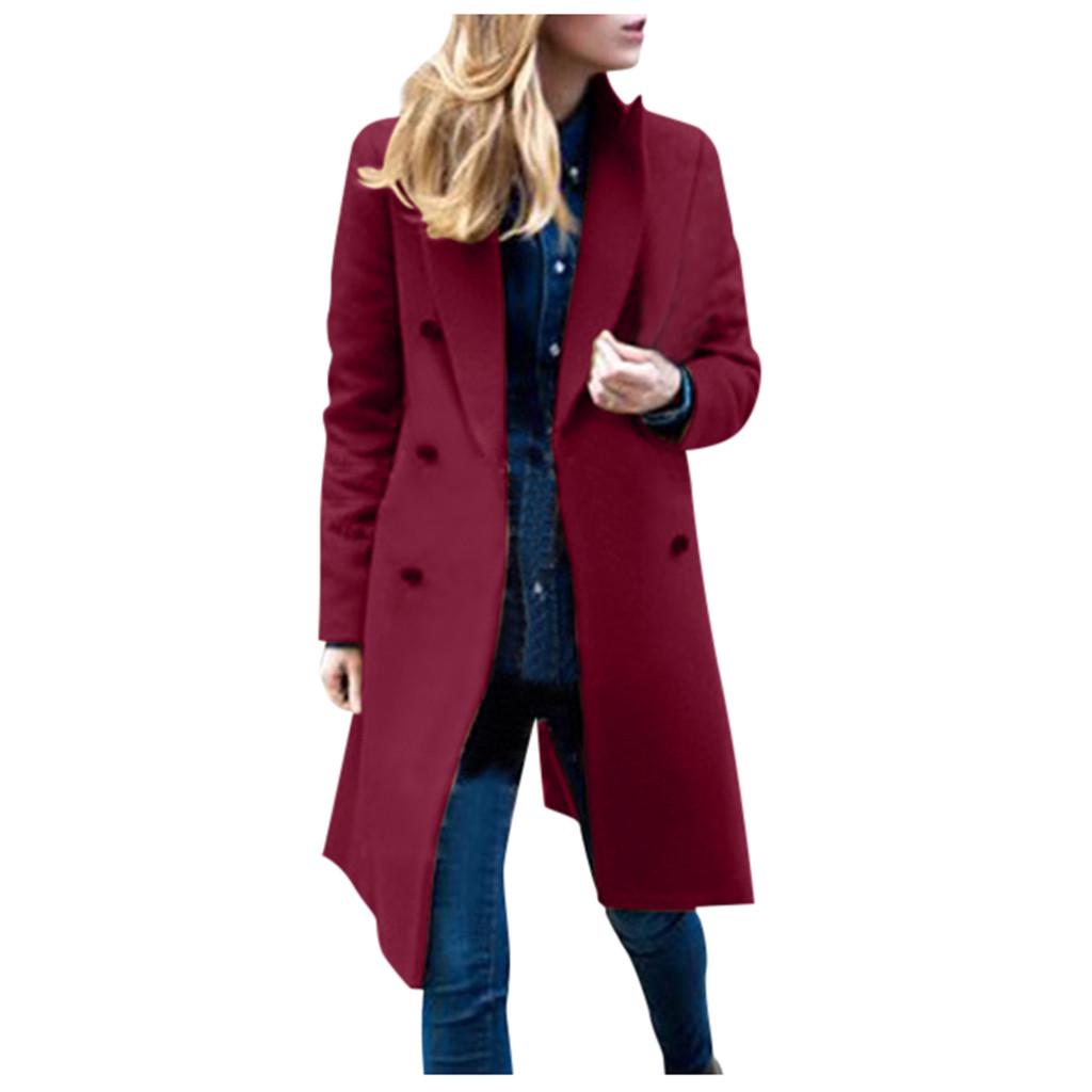 Damen Winter Revers Wollmantel Trenchcoat Lange Mantel Outwear