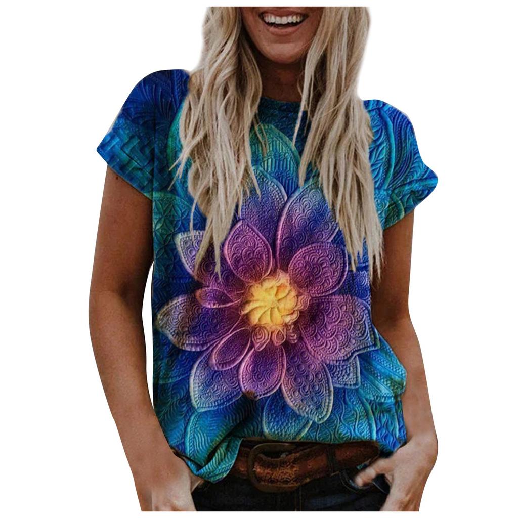 Fashion Women's Summer Printed Short Sleeve Crew-Neck T-Shirt Casual Tee Tops