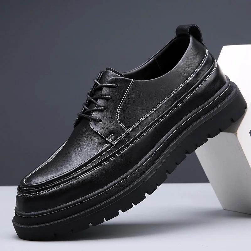 2025 Fashion Brand Male Brogues Footwear Genuine Leather Mens Casual Shoes Thick Sole Height Increasing Shoes Pure Black