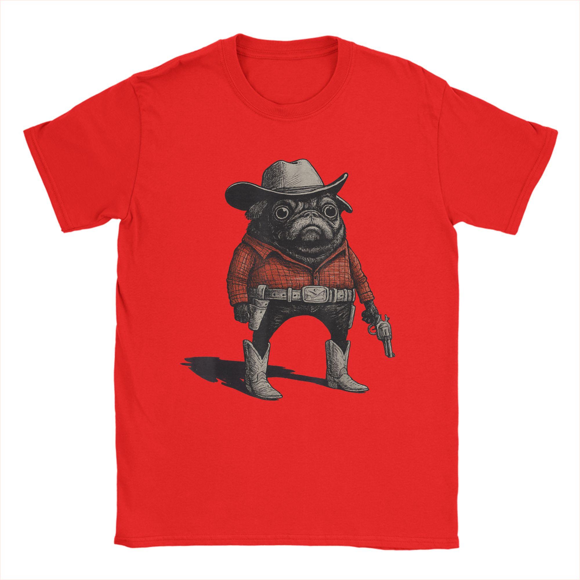 Ковбой Мопс Собака Смешной Западный Наряд Красный Мопс Ковбой Винтажный 100% Хлопок Футболки С Коротким Рукавом Футболки С Круглым Вырезом Одежда Вечеринка S