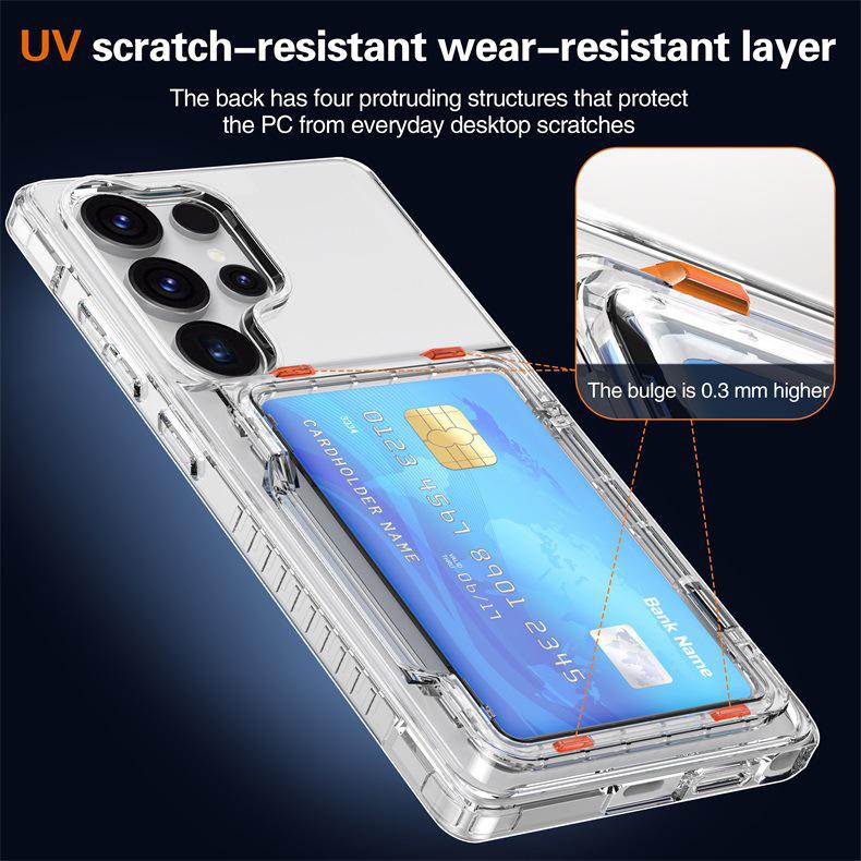 Samsung Galaxy S25 Ultra Transparent Flip Phone Case with Card Holder and Drop-proof Protection.