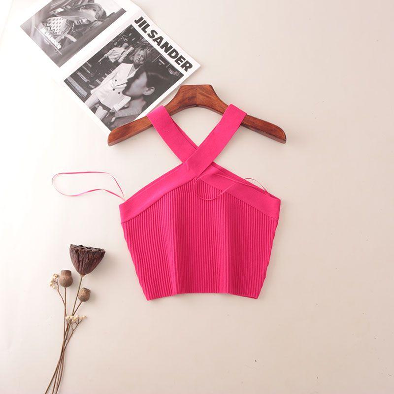 American Fashion Brand Cross Hanging Neck Cami Summer Rib Solid Sexy Short Knitted Top Women