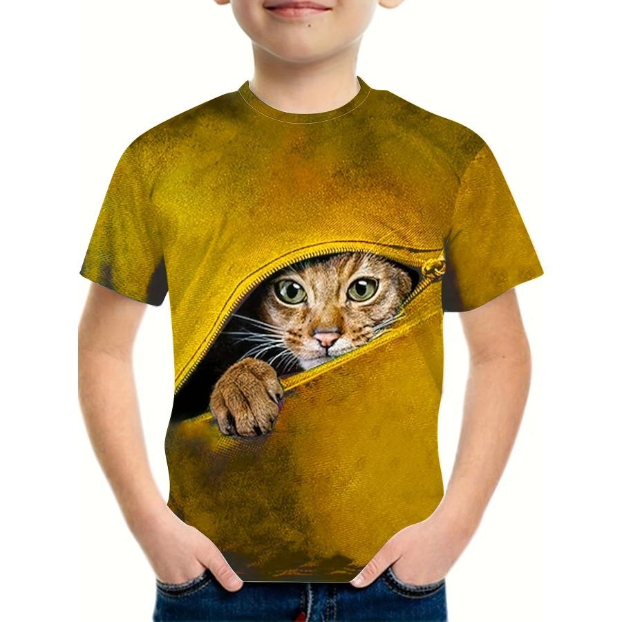 Boy's Zipper Cat Graphic Kids's T-shirt Fashion Short Sleeve Tops Boy Girl T-shirt Animal 3D Printed Summer Children's Clothing